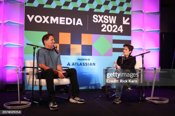 Mark Cuban and Kara Swisher at Vox Media Podcast Stage Presented by Atlassian at SXSW on March 10, 2024 in Austin, Texas.