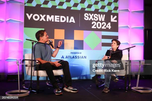 Mark Cuban and Kara Swisher at Vox Media Podcast Stage Presented by Atlassian at SXSW on March 10, 2024 in Austin, Texas.