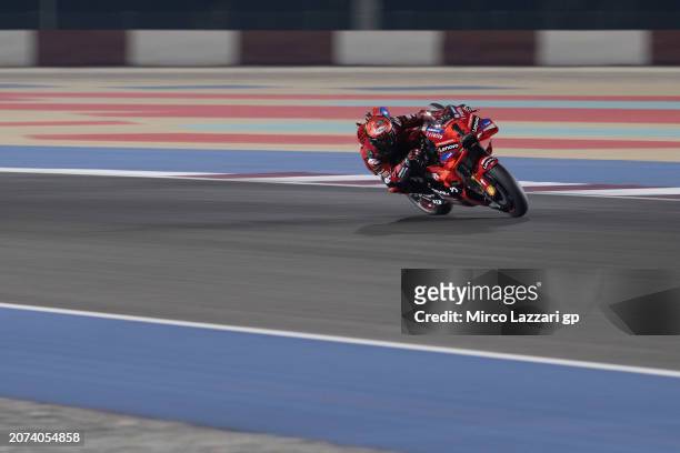 Francesco Bagnaia of Italy and Ducati Lenovo Team heads down a straight during the MotoGP race during the MotoGP Of Qatar - Race at Losail Circuit on...