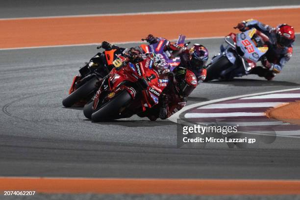 Francesco Bagnaia of Italy and Ducati Lenovo Team leads the field during the MotoGP race during the MotoGP Of Qatar - Race at Losail Circuit on March...