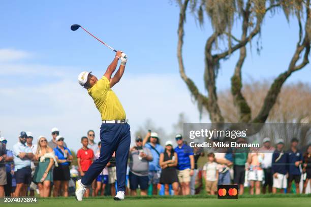 Hideki Matsuyama of Japan hits a tee shot on the 15th hole during the final round of the Arnold Palmer Invitational presented by Mastercard at Arnold...