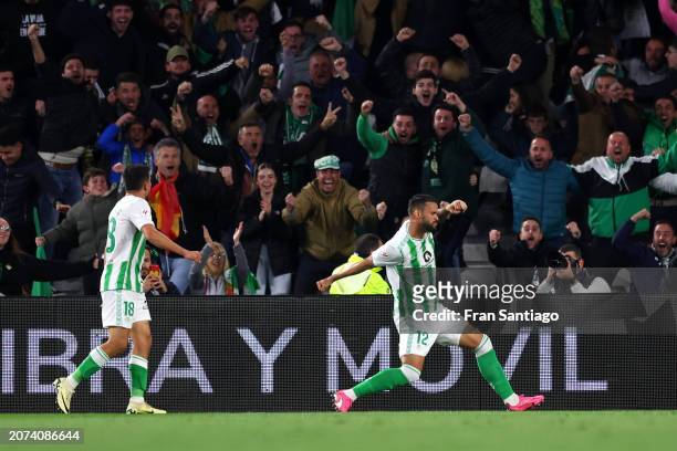 Willian Jose of Real Betis celebrates scoring his team's second goal with teammate Pablo Fornals during the LaLiga EA Sports match between Real Betis...