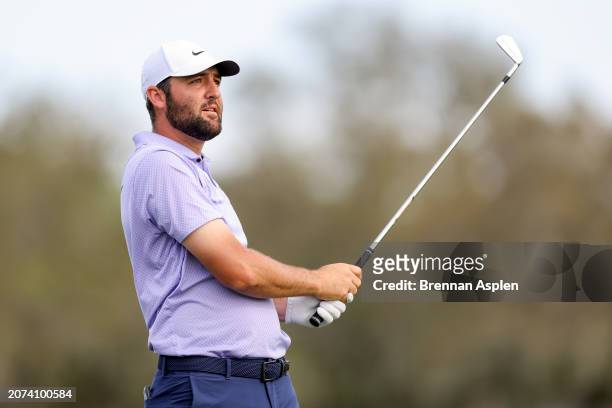 Scottie Scheffler of the United States hits a tee shot on the 14th hole during the final round of the Arnold Palmer Invitational presented by...