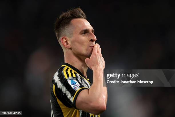 Arkadiusz Milik of Juventus blows kisses in the direction of the tribune as he celebrates after scoring to give his side a 2-1 lead during the Serie...