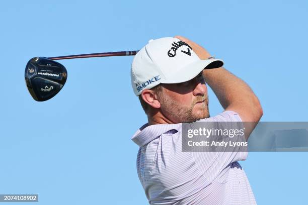 Brice Garnett of the United States plays his shot from the 18th tee during the final round of the Puerto Rico Open at Grand Reserve Golf Club on...