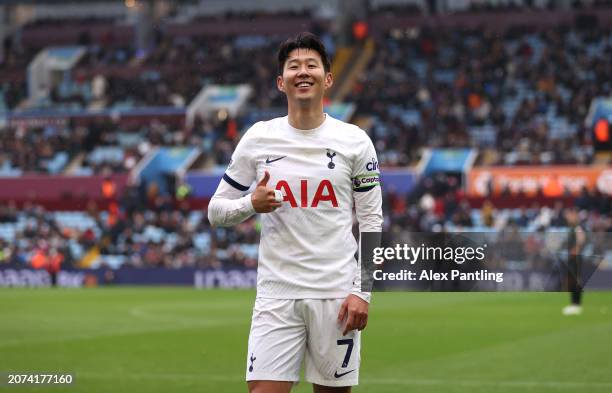 Son Heung-Min of Tottenham Hotspur celebrates scoring his sides third goal during the Premier League match between Aston Villa and Tottenham Hotspur...