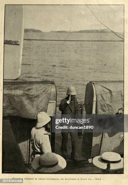 alfred dreyfus giving the military salute, upon arriving aboard the sfax, 1899 - alfred dreyfus stock illustrations