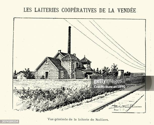 the cooperative dairies of vendée. general view of the nalliers dairy, france, 1890s 19th century - dairy factory stock illustrations