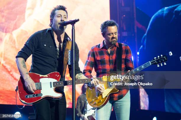 Matthew Ramsey and Brad Tursi of Old Dominion perform on the Arena stage on Day 3 at C2C Country To Country 2024 at The O2 Arena on March 10, 2024 in...