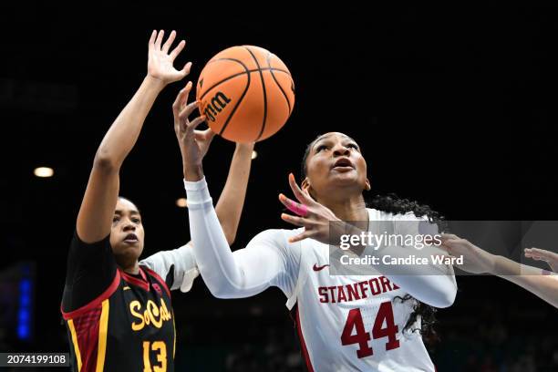 Kiki Iriafen of the Stanford Cardinal goes up for a shot against Rayah Marshall of the USC Trojans in the first half of the championship game of the...