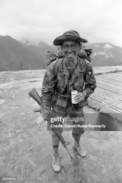 Army soldier Corporal Cooley of the 101st Airborne Division in the mountains above Hue, Vietnam 1973. Cooley was a member of a Recon outfit.