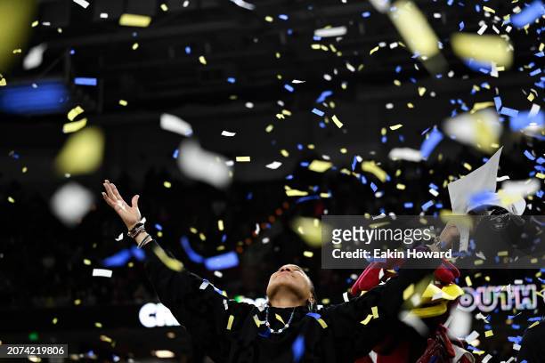 Head coach Dawn Staley of the South Carolina Gamecocks celebrates after their win over the LSU Lady Tigers following the championship game of the SEC...