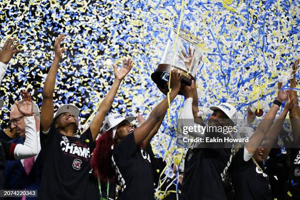 The South Carolina Gamecocks celebrate their win over the LSU Lady Tigers following the championship game of the SEC Women's Basketball Tournament at...