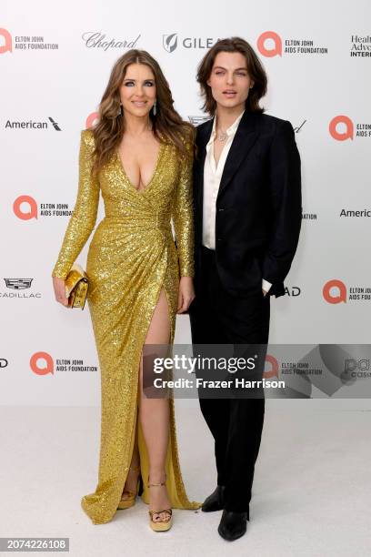 Elizabeth Hurley and Damian Hurley attend the Elton John AIDS Foundation's 32nd Annual Academy Awards Viewing Party on March 10, 2024 in West...