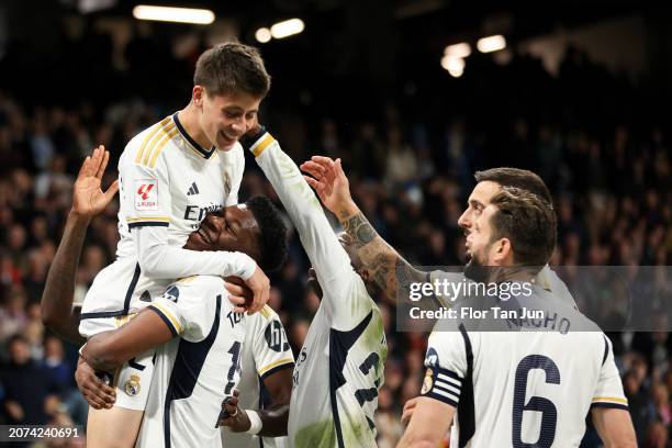 Arda Guler of Real Madrid CF celebrates with his teammatesafter scoring the team's fourth goal during the LaLiga EA Sports match between Real Madrid...