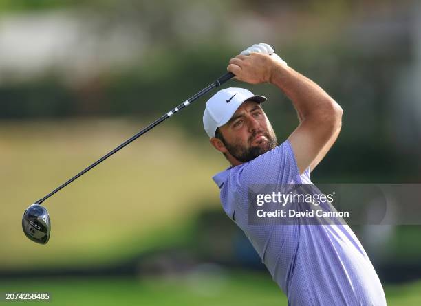 Scottie Scheffler of The United States plays his tee shot on the 18th hole during the final round of the Arnold Palmer Invitational presented by...