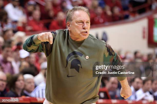 Head coach Tom Izzo of the Michigan State Spartans reacts to play during the first half against the Indiana Hoosiers at Simon Skjodt Assembly Hall on...