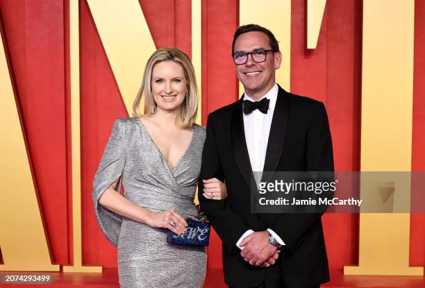 Kathryn Hufschmid and James Murdoch attend the 2024 Vanity Fair Oscar Party Hosted By Radhika Jones at Wallis Annenberg Center for the Performing...