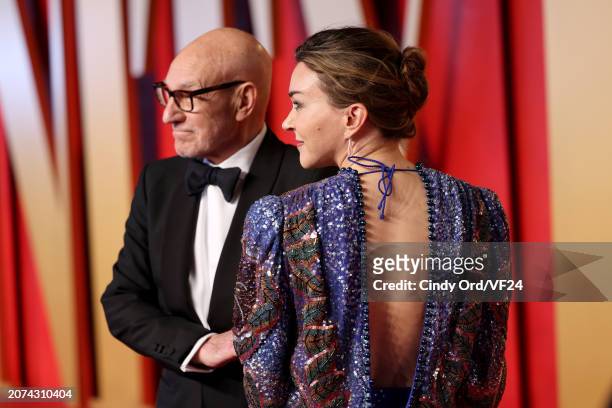 Patrick Stewart and Sunny Ozell attend the 2024 Vanity Fair Oscar Party Hosted By Radhika Jones at Wallis Annenberg Center for the Performing Arts on...