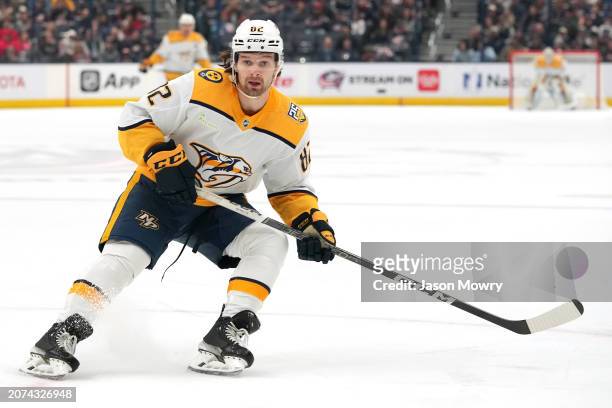 Tommy Novak of the Nashville Predators skates during the first period against the Columbus Blue Jackets at Nationwide Arena on March 09, 2024 in...