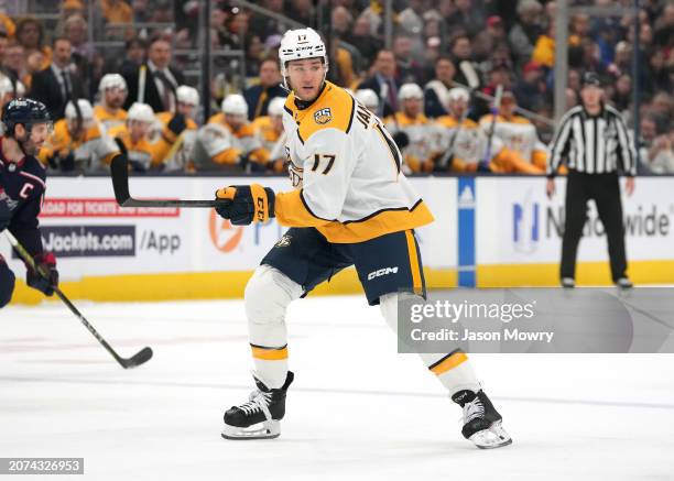 Mark Jankowski of the Nashville Predators skates during the first period against the Columbus Blue Jackets at Nationwide Arena on March 09, 2024 in...