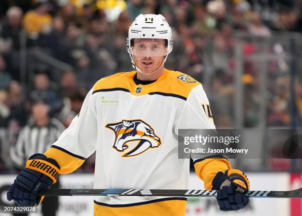 Gustav Nyquist of the Nashville Predators takes a break during a stoppage in play against the Columbus Blue Jackets at Nationwide Arena on March 09,...