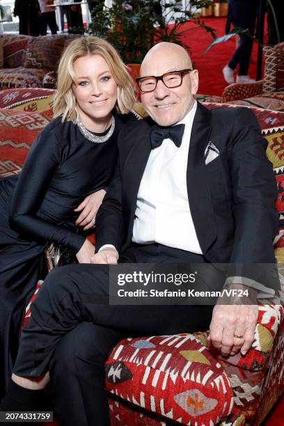 Elizabeth Banks and Patrick Stewart attend the 2024 Vanity Fair Oscar Party Hosted By Radhika Jones at Wallis Annenberg Center for the Performing...