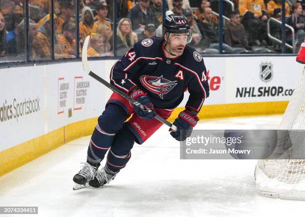 Erik Gudbranson of the Columbus Blue Jackets skates during the third period against the Nashville Predators at Nationwide Arena on March 09, 2024 in...