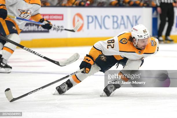 Tommy Novak of the Nashville Predators skates during the third period against the Columbus Blue Jackets at Nationwide Arena on March 09, 2024 in...