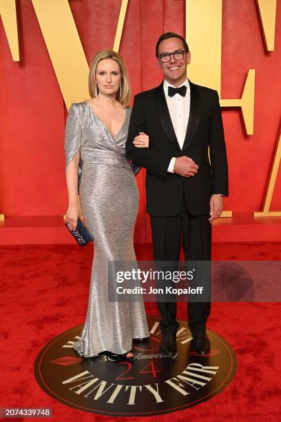 Kathryn Hufschmid and James Murdoch attend the 2024 Vanity Fair Oscar Party Hosted By Radhika Jones at Wallis Annenberg Center for the Performing...