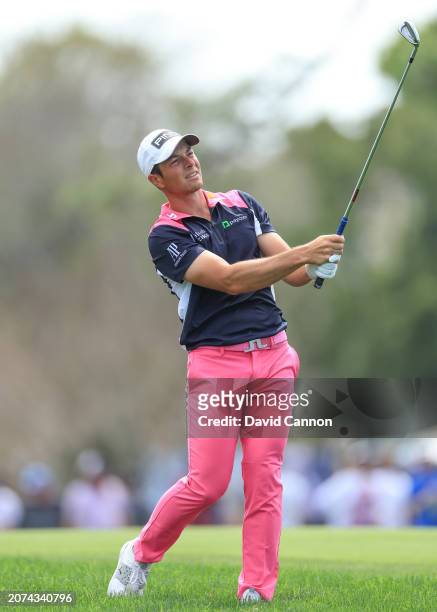 Viktor Hovland of Norway plays his second shot on the 18th hole during the final round of the Arnold Palmer Invitational presented by Mastercard at...
