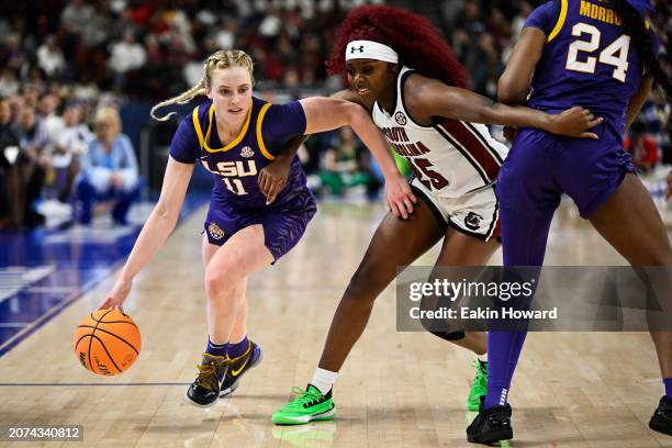 Hailey Van Lith of the LSU Lady Tigers dribbles against Raven Johnson of the South Carolina Gamecocks in the second quarter during the championship...