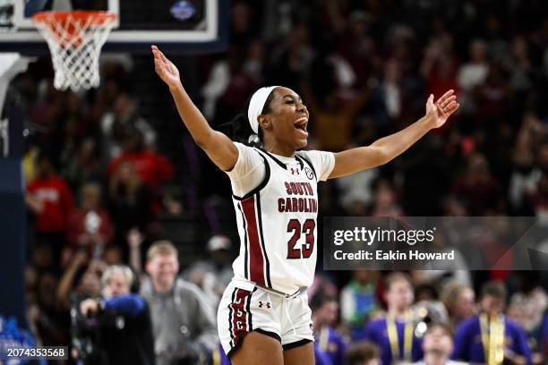 Bree Hall of the South Carolina Gamecocks celebrates their win over the LSU Lady Tigers after the championship game of the SEC Women's Basketball...