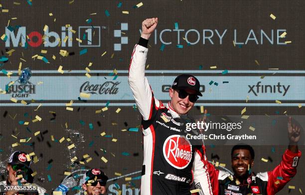 Christopher Bell, driver of the Rheem Toyota, celebrates in victory lane after winning the NASCAR Cup Series Shriners Children's 500 at Phoenix...