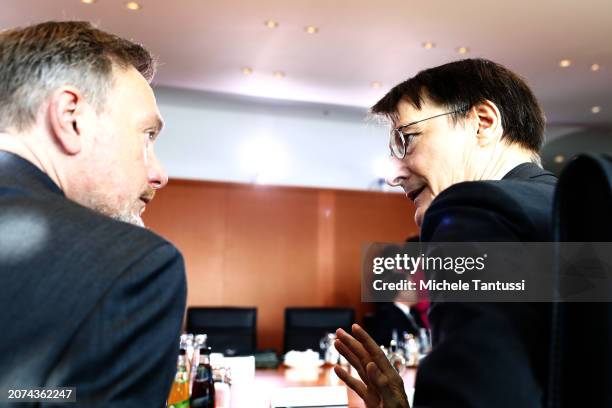 Finance Minister, Christian Lindner and Health Minister, Karl Lauterbach arrive for the weekly federal government cabinet meeting on March 13, 2024...