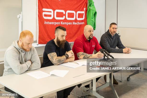 Unknown, Jeroen Auweriks, Mario Heylen and Robby De Kaey pictured during a press conference of the Antwerp prison unions on prison overcrowding and...