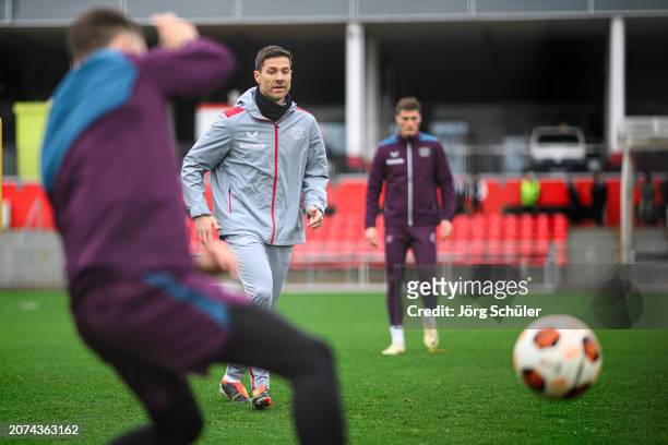 Headcoach Xabi Alonso of Leverkusen looks on during the UEFA Europa League 2023/24 round of 16 second leg training and press conference at on March...