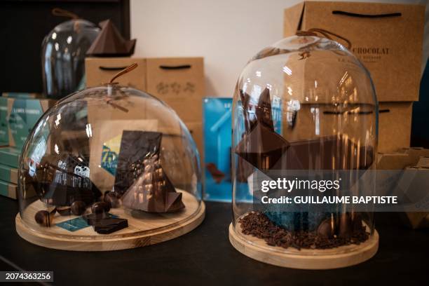 This photograph taken on March 13 in Paris, shows a chocolate bunny displayed at one of French three Michelin stars chef Alain Ducasse's chocolate...