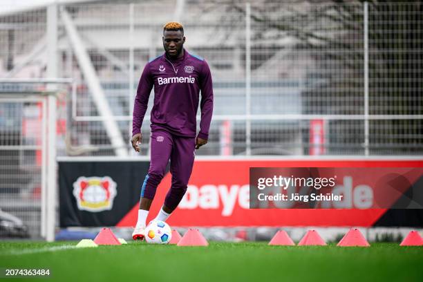 Victor Boniface of Leverkusen training individualy prior to the UEFA Europa League 2023/24 round of 16 second leg training and press conference at on...