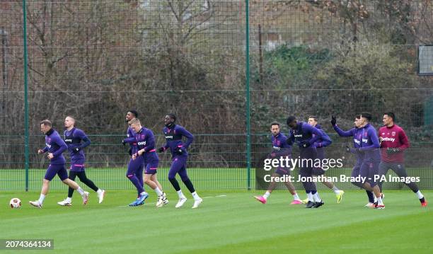 West Ham United palyers during a training session at the Rush Green Training Ground, Romford. Picture date: Wednesday March 13, 2024.