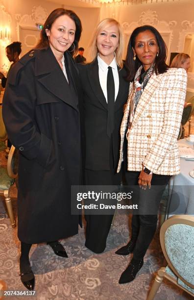 Of the British Fashion Council Caroline Rush, Tania Bryer and Zeinab Badawi attend the press launch for the V&A's upcoming "Naomi: In Fashion"...