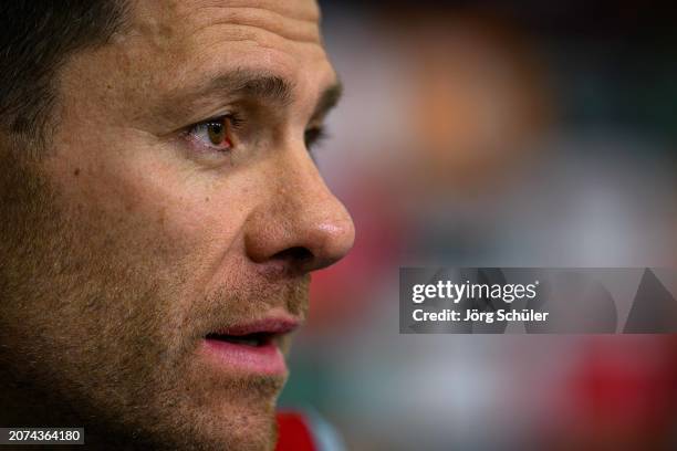 Headcoach Xabi Alonso during the UEFA Europa League 2023/24 round of 16 second leg press conference at on March 13, 2024 in Leverkusen, Germany.