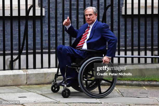 Texas Governor Greg Abbott arrives in Downing Street prior to a meeting on March 13, 2024 in London, England. The Business and Trade Secretary hosted...