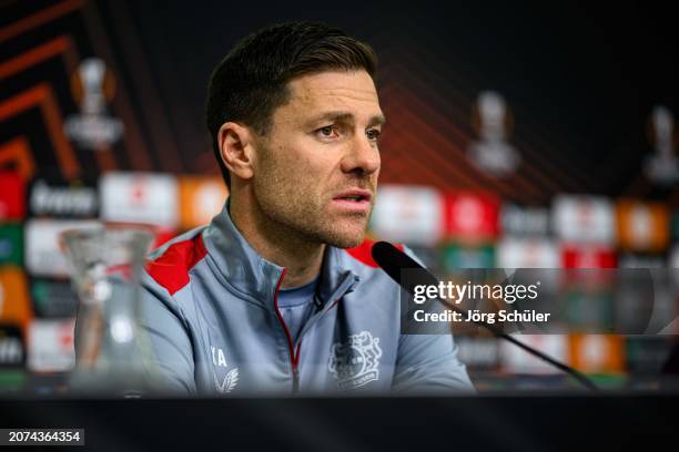 Headcoach Xabi Alonso during the UEFA Europa League 2023/24 round of 16 second leg press conference at on March 13, 2024 in Leverkusen, Germany.