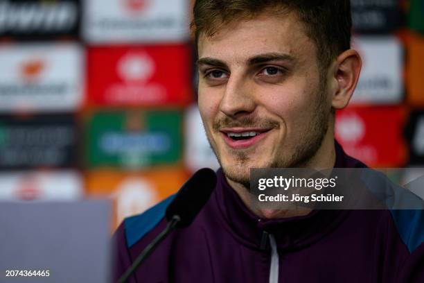 Josip Stanisic during the UEFA Europa League 2023/24 round of 16 second leg press conference at on March 13, 2024 in Leverkusen, Germany.