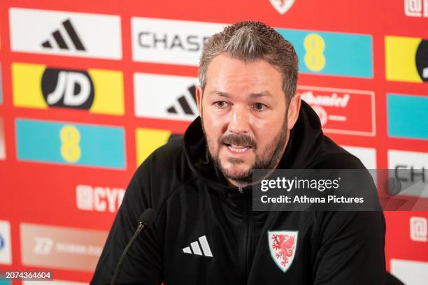 Matty Jones Head Coach of Wales U21s talks to the press during the Football Association Wales U21 Squad Announcement at St Fagans on March 13, 2024...