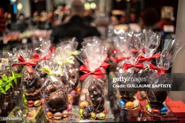 This photograph taken on March 13, 2024 in a chocolate shop in Paris shows Easter chocolates days ahead of Easter.