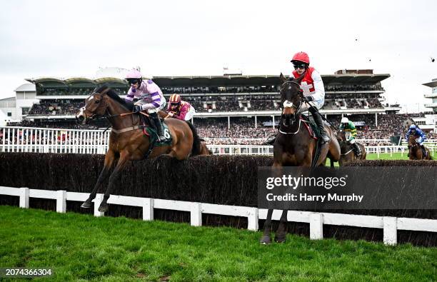 Gloucestershire , United Kingdom - 13 March 2024; Stay Away Fay, with Harry Cobden up, left, who pulled up, jump a fence alongside Sandor Clegane,...