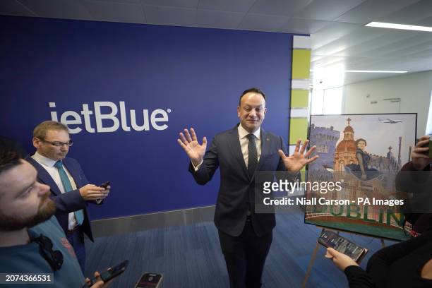 Taoiseach Leo Varadkar speaks to the media during a visit to Boston's Logan airport to mark Jet Blue's recent announcement of its new seasonal daily...