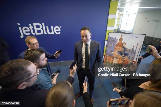 Taoiseach Leo Varadkar speaks to the media during a visit to Boston's Logan airport to mark Jet Blue's recent announcement of its new seasonal daily...